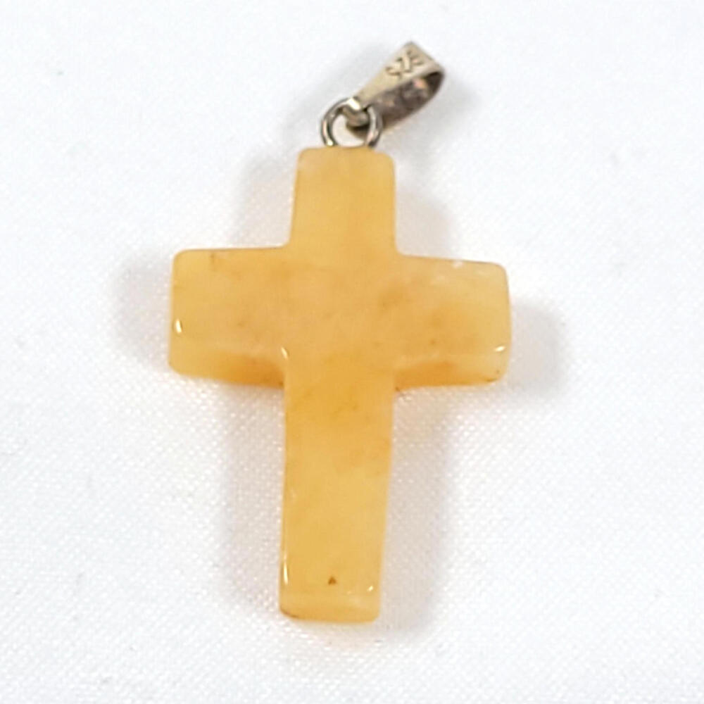 Yellow Jade Gemstone Cross Pendant 925 Stamped Bail